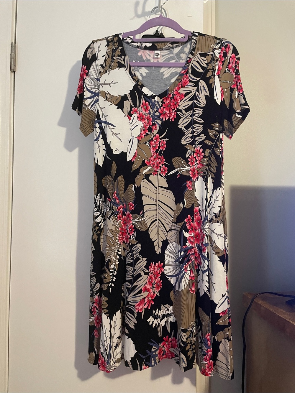 Black Tropical Floral V-Neck Swing Dress